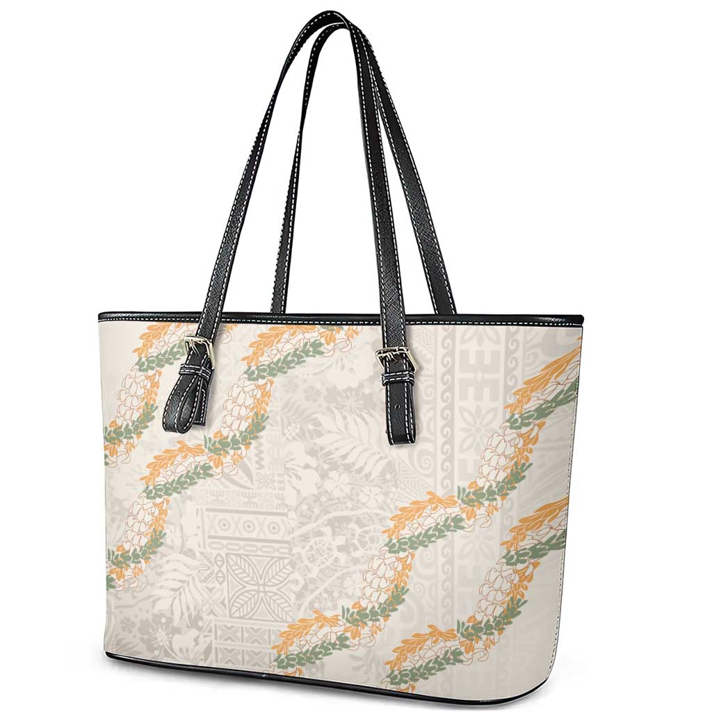 Aloha Pakalana and Puakenikeni Lei Leather Tote Bag Beige Hawaiian Pattern