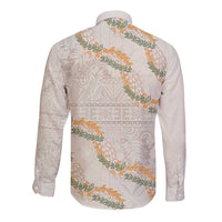 Aloha Pakalana and Puakenikeni Lei Long Sleeve Button Shirt Beige Hawaiian Pattern
