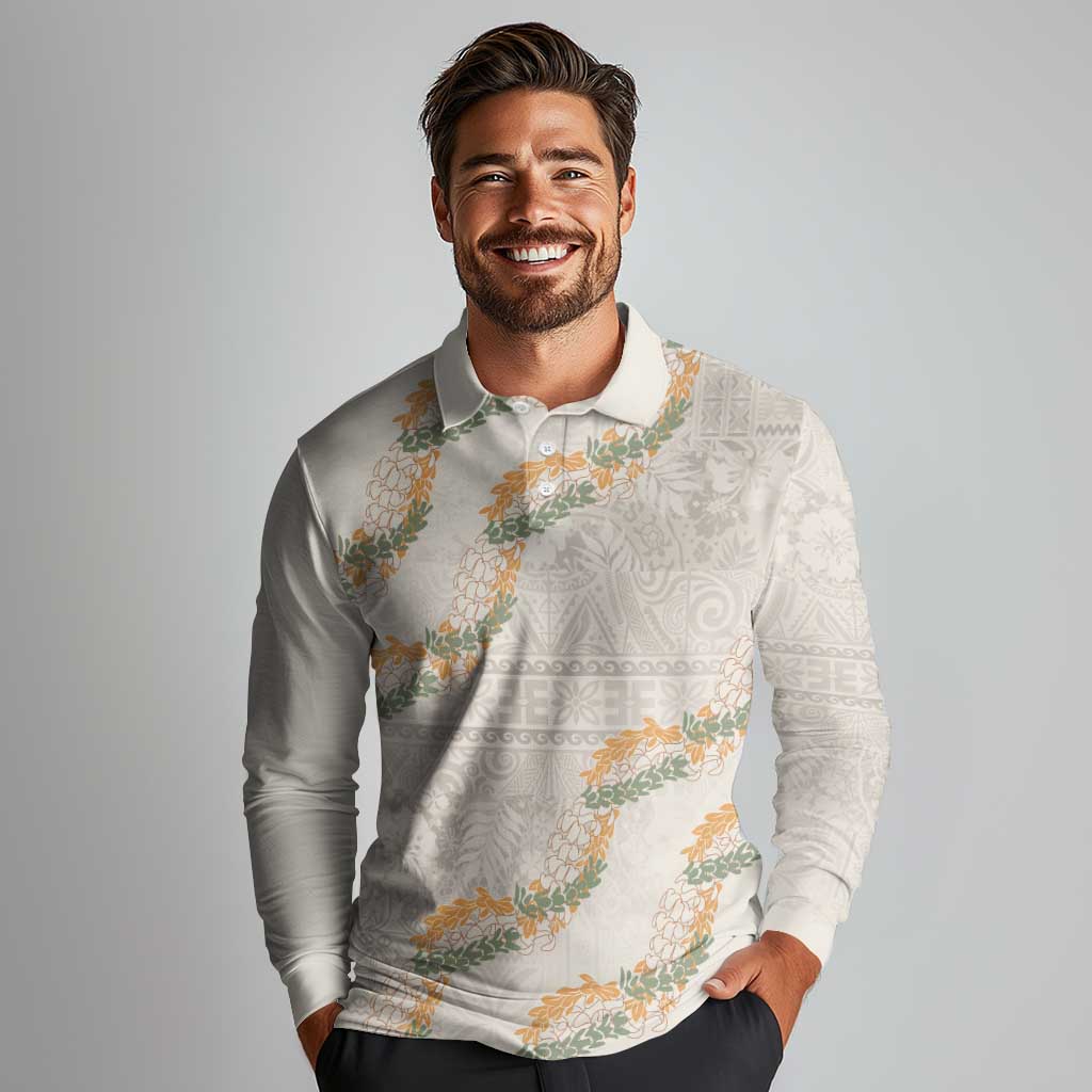 Aloha Pakalana and Puakenikeni Lei Long Sleeve Polo Shirt Beige Hawaiian Pattern