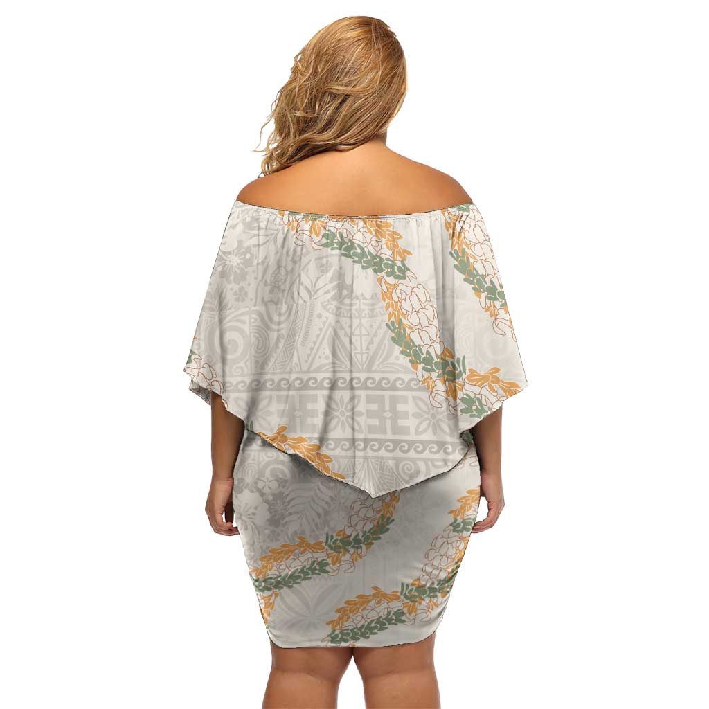 Aloha Pakalana and Puakenikeni Lei Off Shoulder Short Dress Beige Hawaiian Pattern