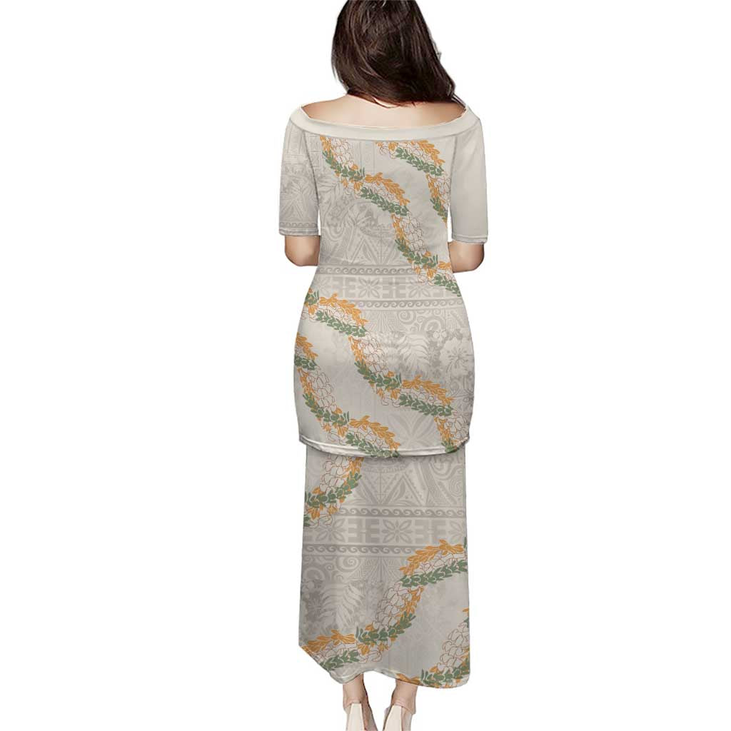 Aloha Pakalana and Puakenikeni Lei Puletasi Beige Hawaiian Pattern