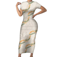 Aloha Pakalana and Puakenikeni Lei Short Sleeve Bodycon Dress Beige Hawaiian Pattern