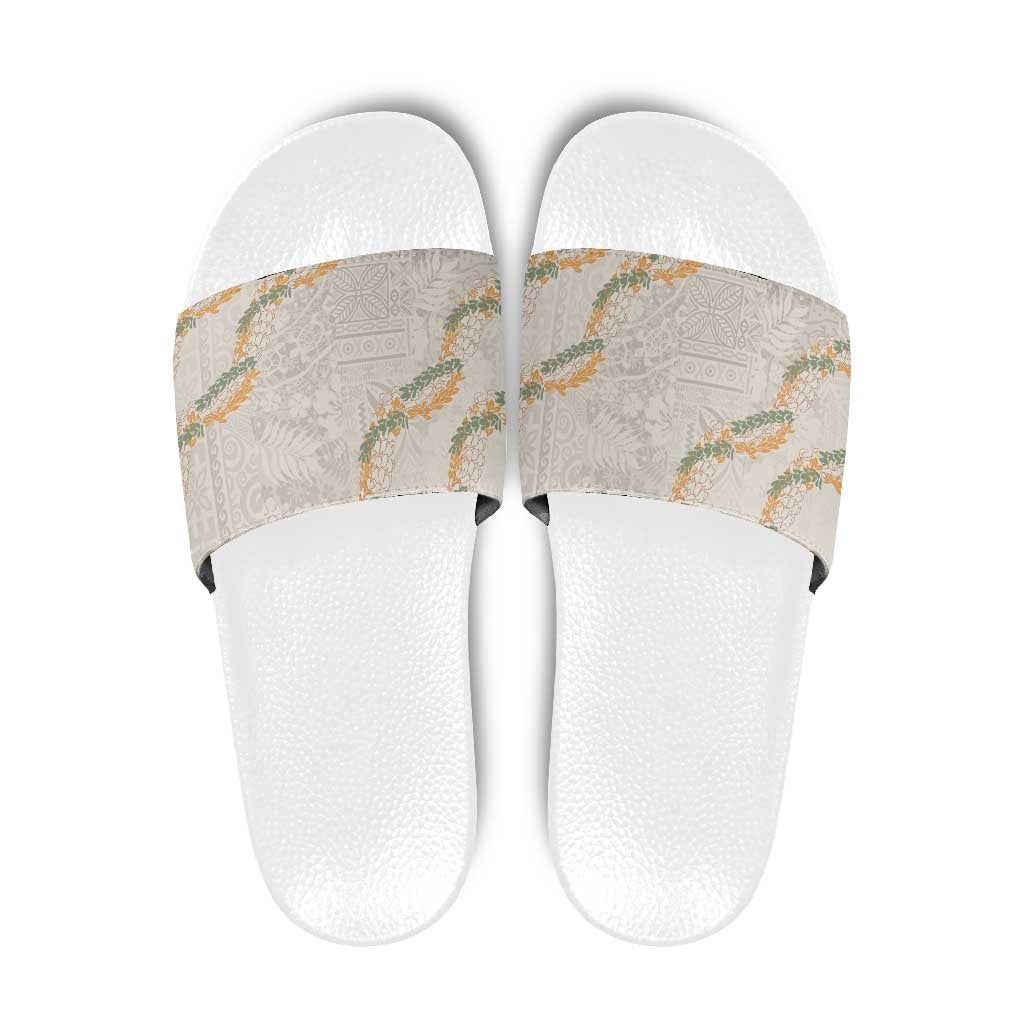Aloha Pakalana and Puakenikeni Lei Slide Sandals Beige Hawaiian Pattern - Polynesian Pride