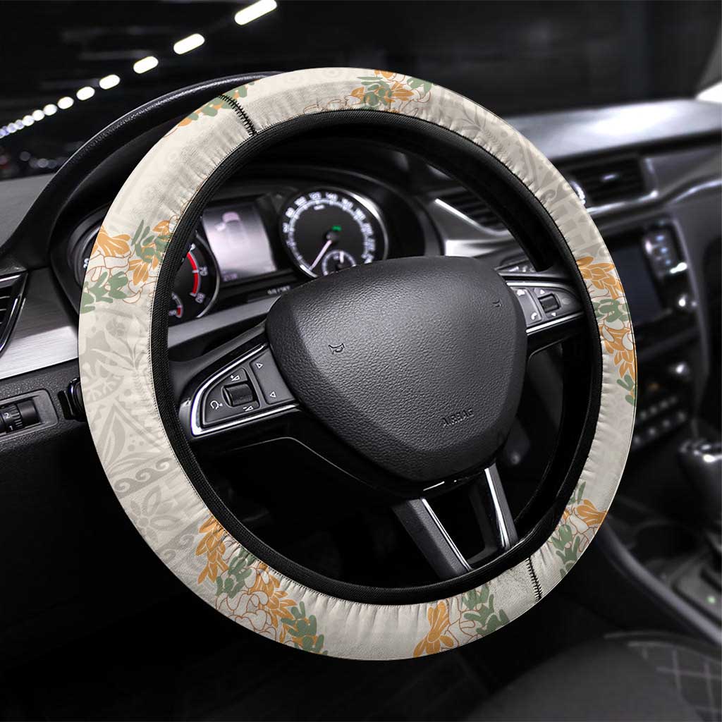 Aloha Pakalana and Puakenikeni Lei Steering Wheel Cover Beige Hawaiian Pattern