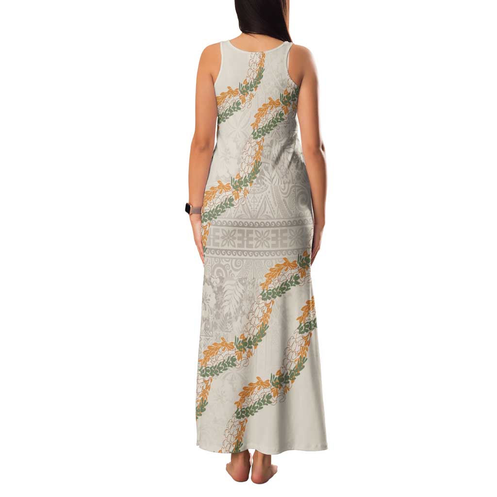 Aloha Pakalana and Puakenikeni Lei Tank Maxi Dress Beige Hawaiian Pattern LT9 - Polynesian Pride