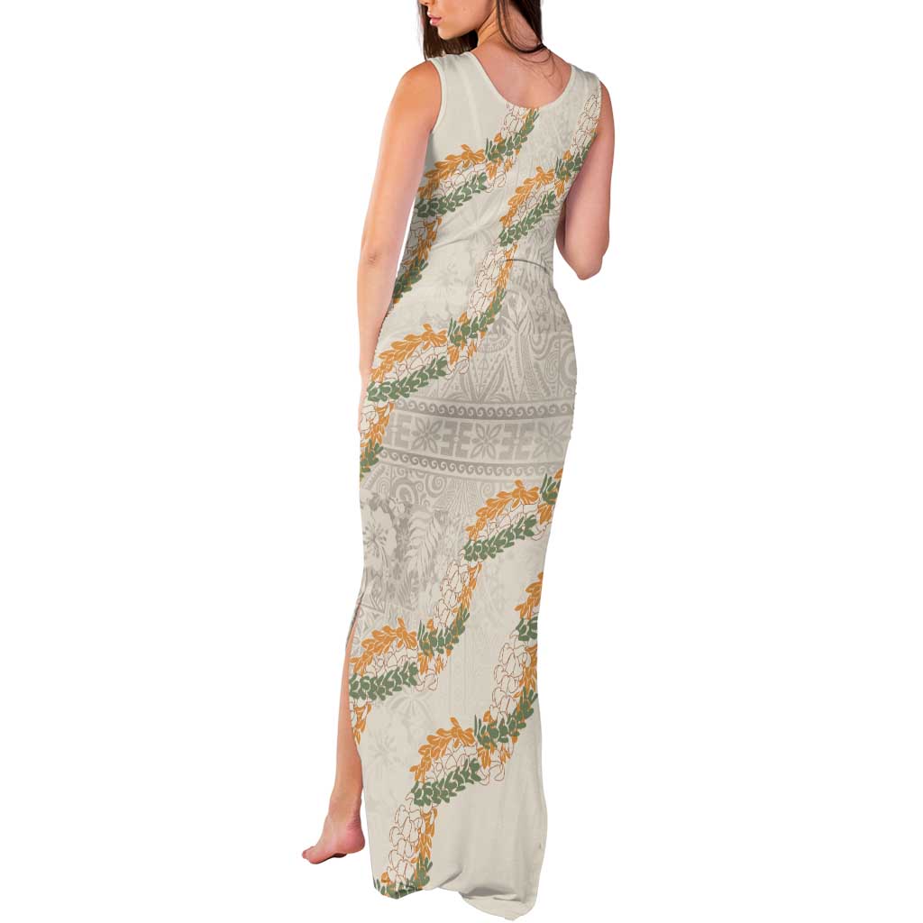 Aloha Pakalana and Puakenikeni Lei Tank Maxi Dress Beige Hawaiian Pattern LT9 - Polynesian Pride