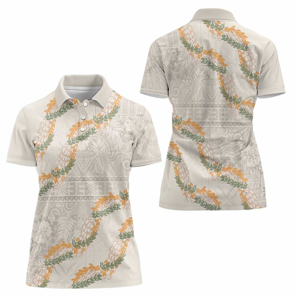 Aloha Pakalana and Puakenikeni Lei Women Polo Shirt Beige Hawaiian Pattern