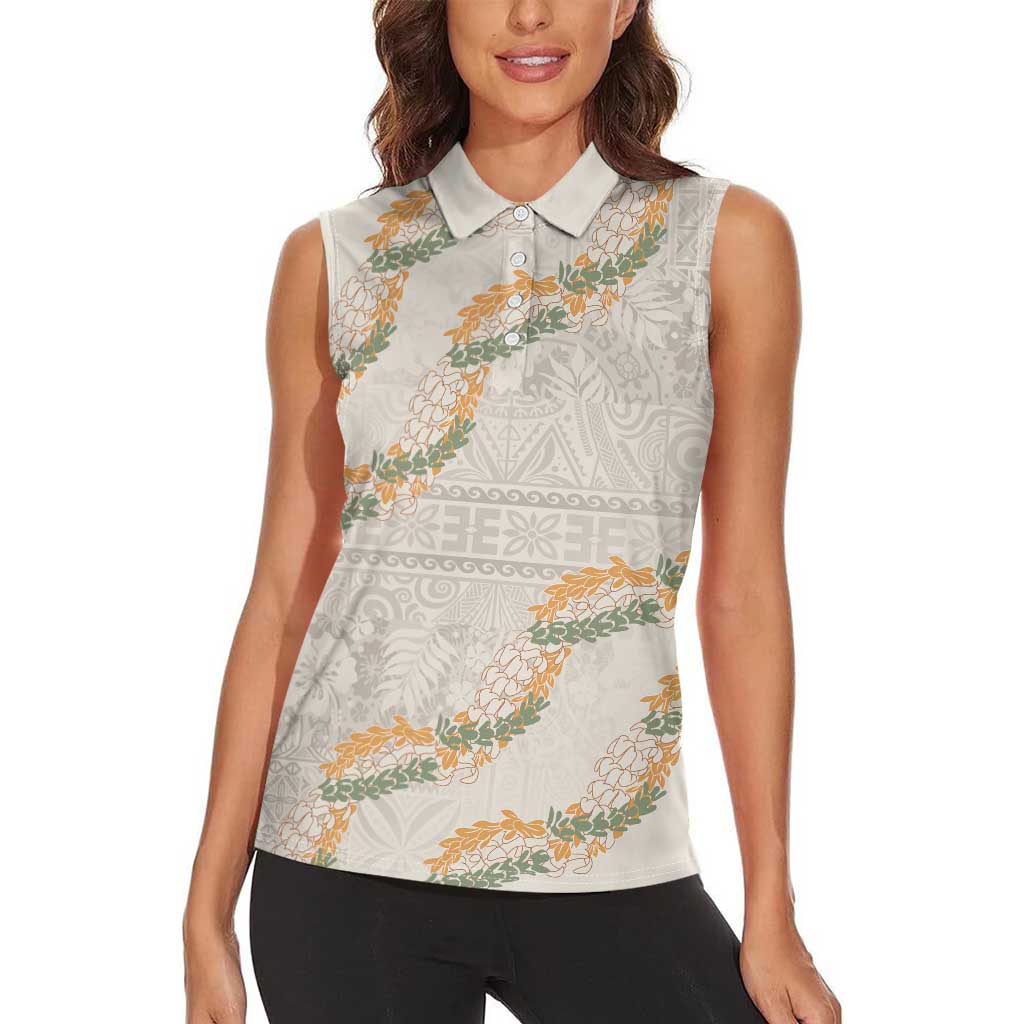 Aloha Pakalana and Puakenikeni Lei Women Sleeveless Polo Shirt Beige Hawaiian Pattern