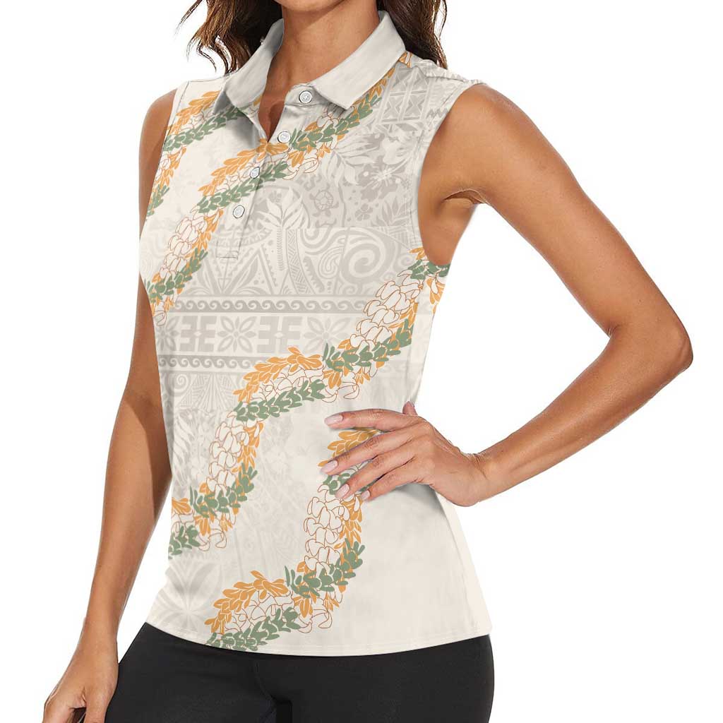 Aloha Pakalana and Puakenikeni Lei Women Sleeveless Polo Shirt Beige Hawaiian Pattern