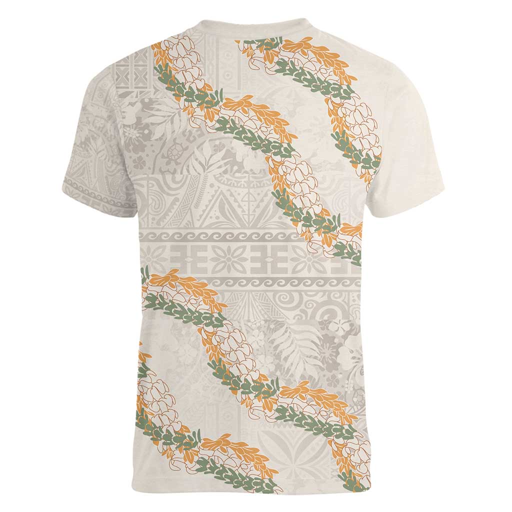 Aloha Pakalana and Puakenikeni Lei Women V-Neck T-Shirt Beige Hawaiian Pattern