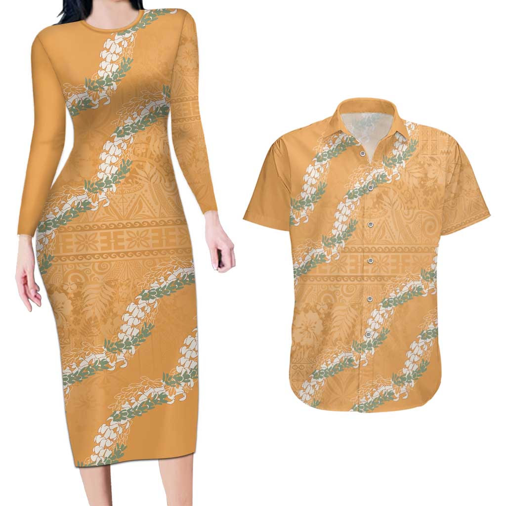 Aloha Pakalana and Puakenikeni Lei Couples Matching Long Sleeve Bodycon Dress and Hawaiian Shirt Gold Hawaiian Pattern
