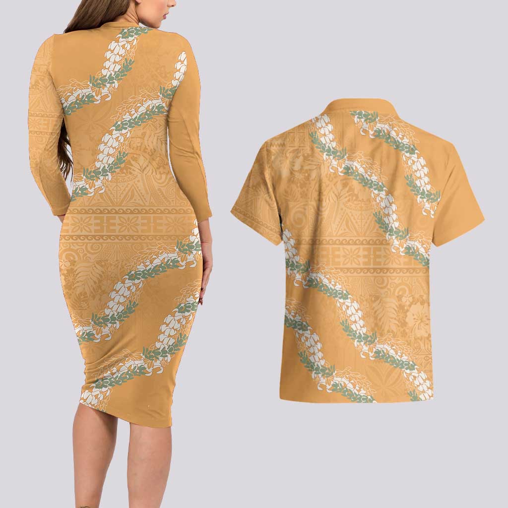 Aloha Pakalana and Puakenikeni Lei Couples Matching Long Sleeve Bodycon Dress and Hawaiian Shirt Gold Hawaiian Pattern