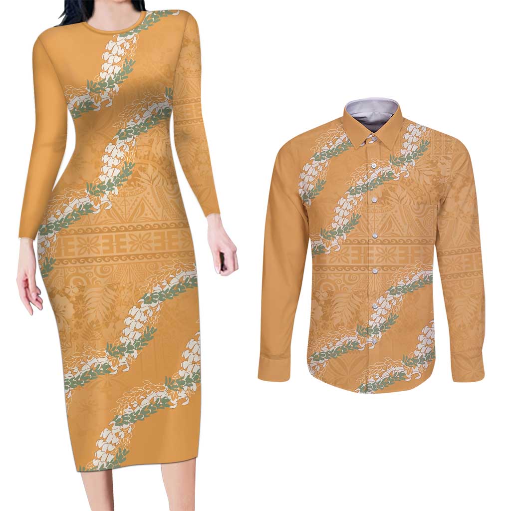 Aloha Pakalana and Puakenikeni Lei Couples Matching Long Sleeve Bodycon Dress and Long Sleeve Button Shirt Gold Hawaiian Pattern