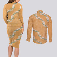 Aloha Pakalana and Puakenikeni Lei Couples Matching Long Sleeve Bodycon Dress and Long Sleeve Button Shirt Gold Hawaiian Pattern