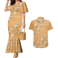 Aloha Pakalana and Puakenikeni Lei Couples Matching Mermaid Dress and Hawaiian Shirt Gold Hawaiian Pattern