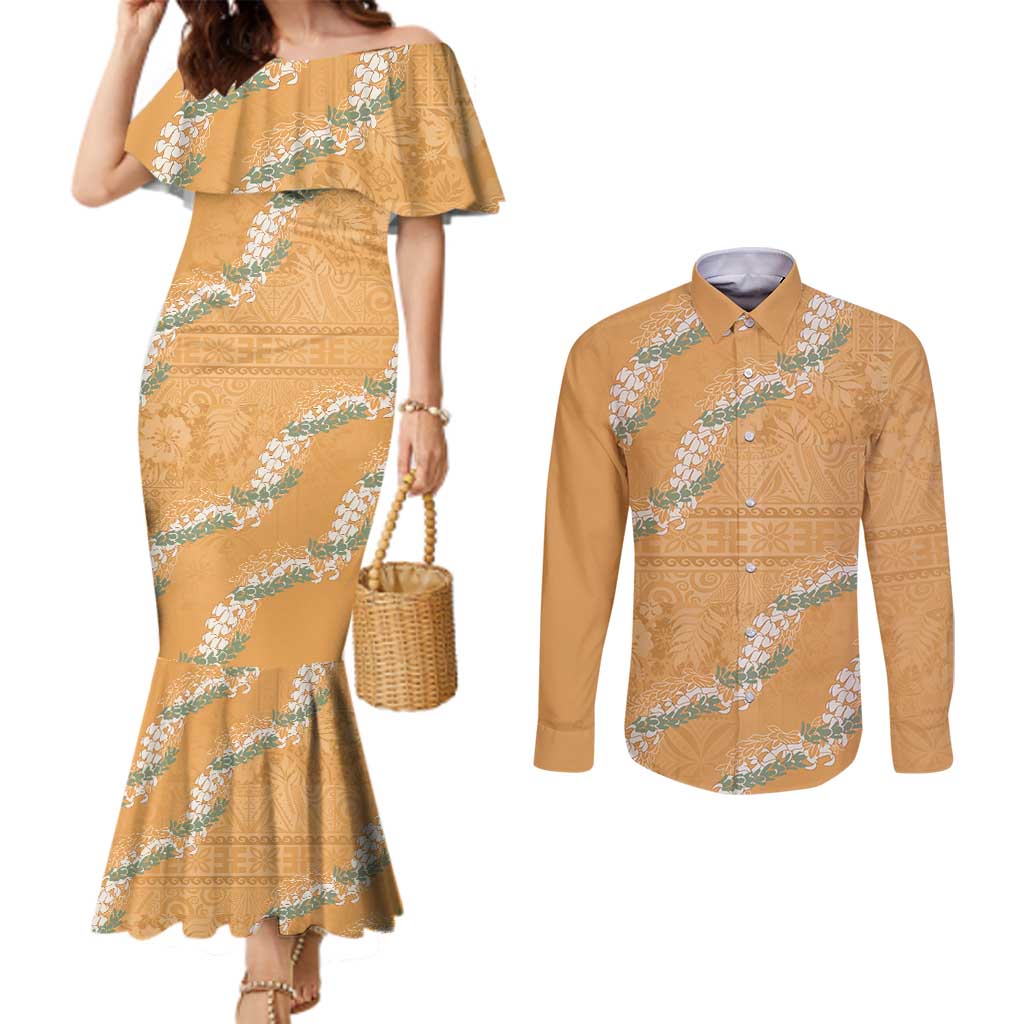 Aloha Pakalana and Puakenikeni Lei Couples Matching Mermaid Dress and Long Sleeve Button Shirt Gold Hawaiian Pattern LT9 Gold - Polynesian Pride