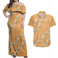 Aloha Pakalana and Puakenikeni Lei Couples Matching Off Shoulder Maxi Dress and Hawaiian Shirt Gold Hawaiian Pattern