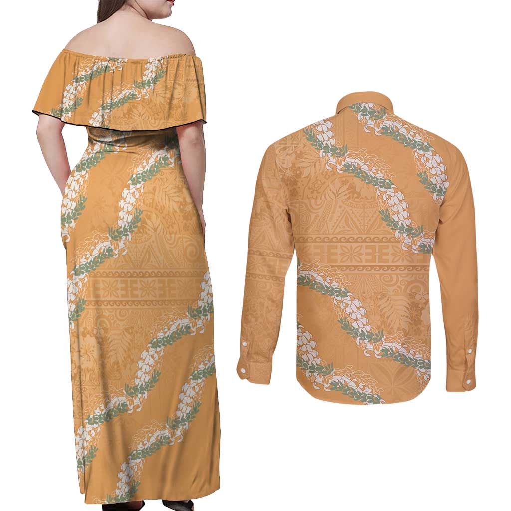 Aloha Pakalana and Puakenikeni Lei Couples Matching Off Shoulder Maxi Dress and Long Sleeve Button Shirt Gold Hawaiian Pattern