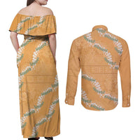 Aloha Pakalana and Puakenikeni Lei Couples Matching Off Shoulder Maxi Dress and Long Sleeve Button Shirt Gold Hawaiian Pattern