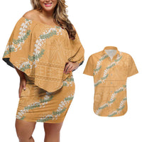 Aloha Pakalana and Puakenikeni Lei Couples Matching Off Shoulder Short Dress and Hawaiian Shirt Gold Hawaiian Pattern
