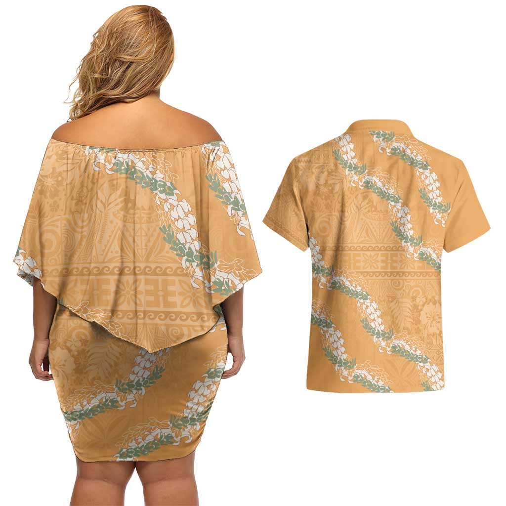 Aloha Pakalana and Puakenikeni Lei Couples Matching Off Shoulder Short Dress and Hawaiian Shirt Gold Hawaiian Pattern