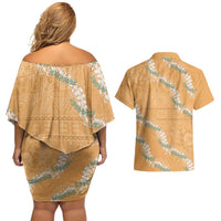 Aloha Pakalana and Puakenikeni Lei Couples Matching Off Shoulder Short Dress and Hawaiian Shirt Gold Hawaiian Pattern