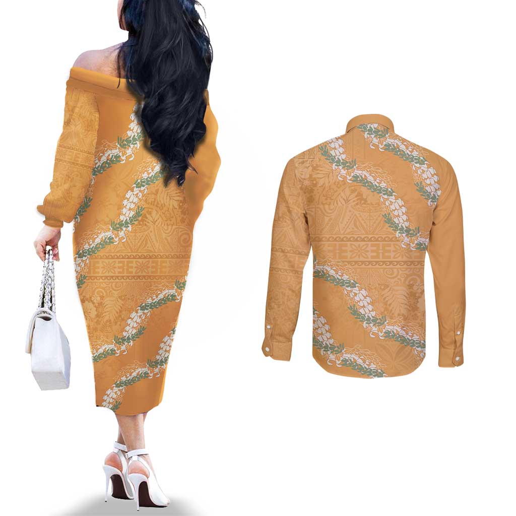 Aloha Pakalana and Puakenikeni Lei Couples Matching Off The Shoulder Long Sleeve Dress and Long Sleeve Button Shirt Gold Hawaiian Pattern