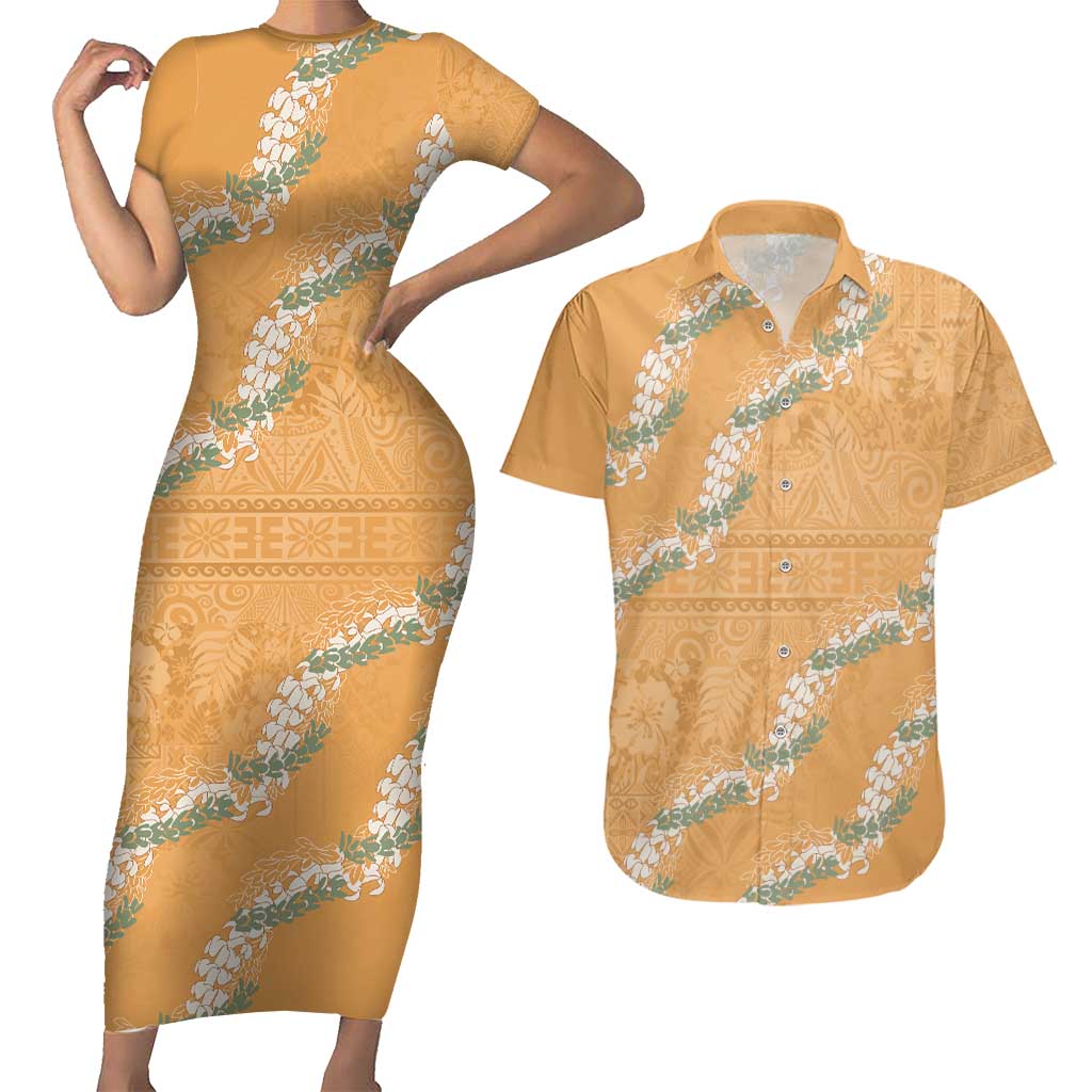 Aloha Pakalana and Puakenikeni Lei Couples Matching Short Sleeve Bodycon Dress and Hawaiian Shirt Gold Hawaiian Pattern