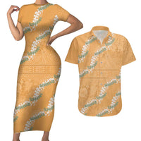 Aloha Pakalana and Puakenikeni Lei Couples Matching Short Sleeve Bodycon Dress and Hawaiian Shirt Gold Hawaiian Pattern