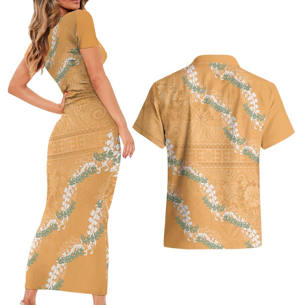 Aloha Pakalana and Puakenikeni Lei Couples Matching Short Sleeve Bodycon Dress and Hawaiian Shirt Gold Hawaiian Pattern