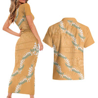 Aloha Pakalana and Puakenikeni Lei Couples Matching Short Sleeve Bodycon Dress and Hawaiian Shirt Gold Hawaiian Pattern