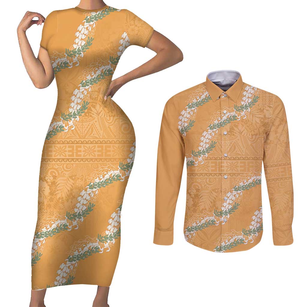 Aloha Pakalana and Puakenikeni Lei Couples Matching Short Sleeve Bodycon Dress and Long Sleeve Button Shirt Gold Hawaiian Pattern