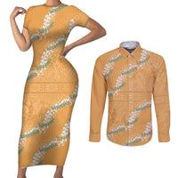 Aloha Pakalana and Puakenikeni Lei Couples Matching Short Sleeve Bodycon Dress and Long Sleeve Button Shirt Gold Hawaiian Pattern