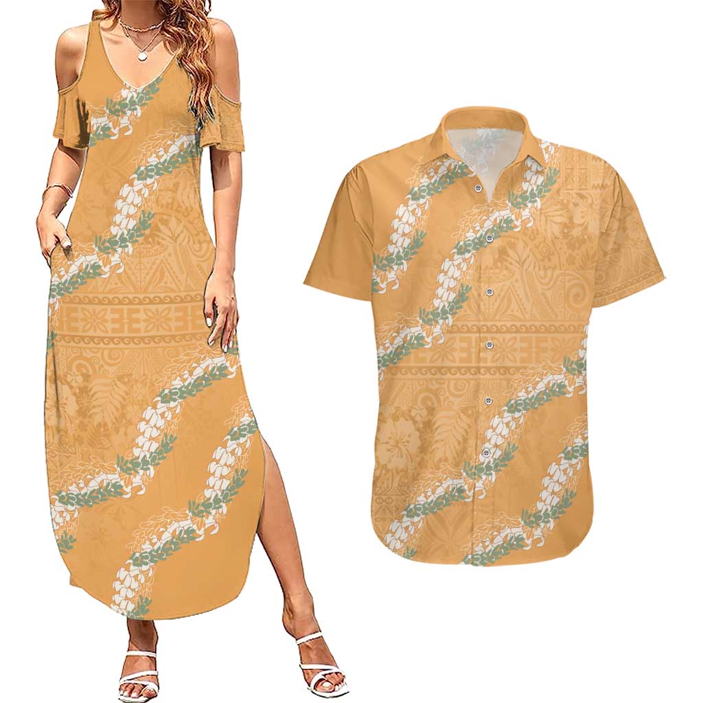 Aloha Pakalana and Puakenikeni Lei Couples Matching Summer Maxi Dress and Hawaiian Shirt Gold Hawaiian Pattern