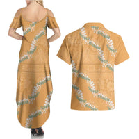 Aloha Pakalana and Puakenikeni Lei Couples Matching Summer Maxi Dress and Hawaiian Shirt Gold Hawaiian Pattern