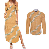 Aloha Pakalana and Puakenikeni Lei Couples Matching Summer Maxi Dress and Long Sleeve Button Shirt Gold Hawaiian Pattern