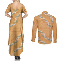 Aloha Pakalana and Puakenikeni Lei Couples Matching Summer Maxi Dress and Long Sleeve Button Shirt Gold Hawaiian Pattern