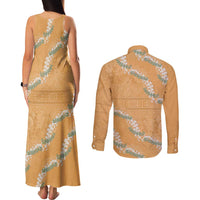 Aloha Pakalana and Puakenikeni Lei Couples Matching Tank Maxi Dress and Long Sleeve Button Shirt Gold Hawaiian Pattern