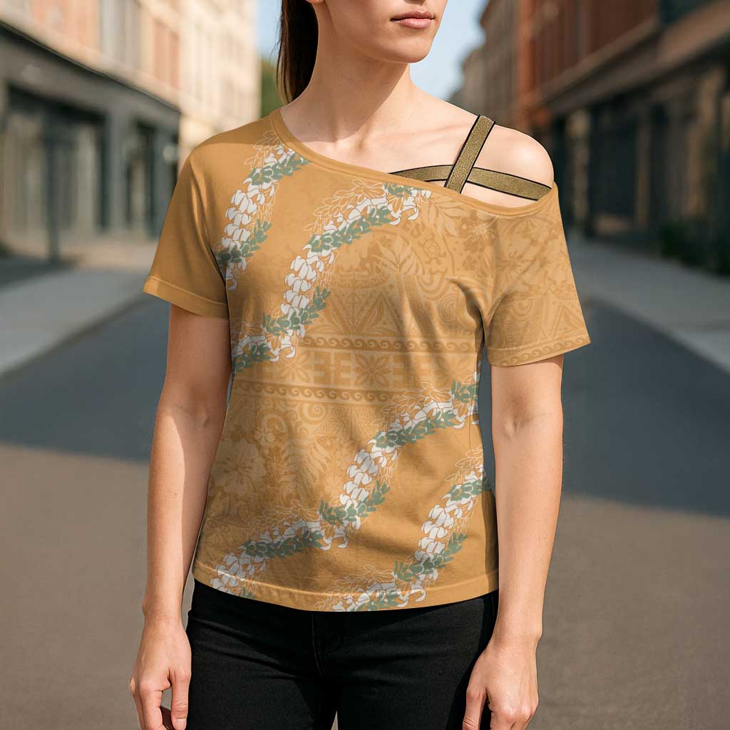Aloha Pakalana and Puakenikeni Lei Cross Shoulder Shirt Gold Hawaiian Pattern - Polynesian Pride