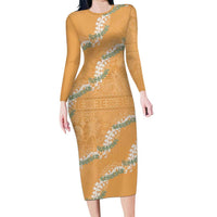 Aloha Pakalana and Puakenikeni Lei Family Matching Long Sleeve Bodycon Dress and Hawaiian Shirt Gold Hawaiian Pattern LT9 Mom's Dress Gold - Polynesian Pride