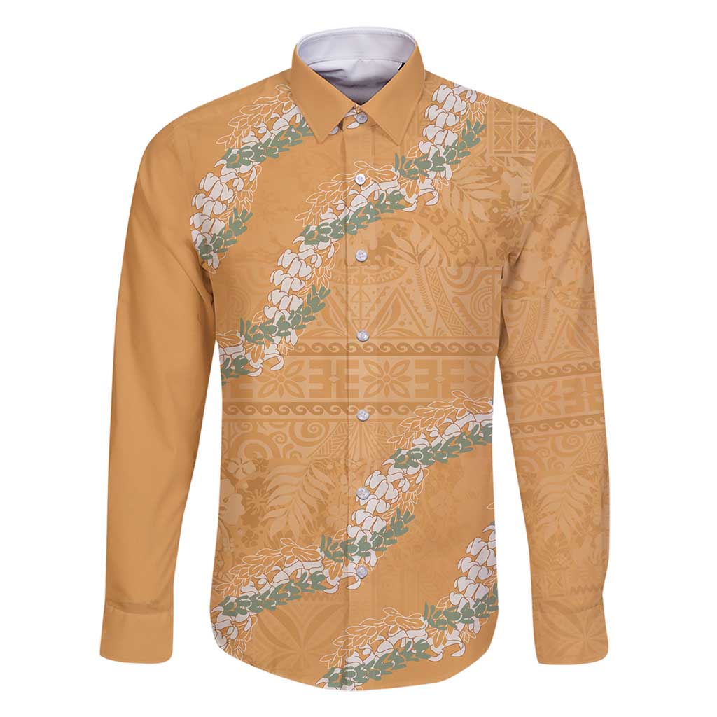 Aloha Pakalana and Puakenikeni Lei Family Matching Mermaid Dress and Hawaiian Shirt Gold Hawaiian Pattern LT9 Dad's Shirt - Long Sleeve Gold - Polynesian Pride