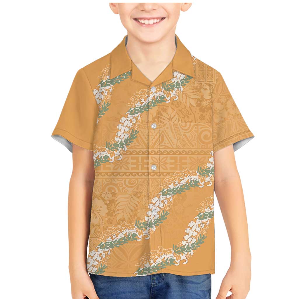 Aloha Pakalana and Puakenikeni Lei Family Matching Mermaid Dress and Hawaiian Shirt Gold Hawaiian Pattern LT9 Son's Shirt Gold - Polynesian Pride