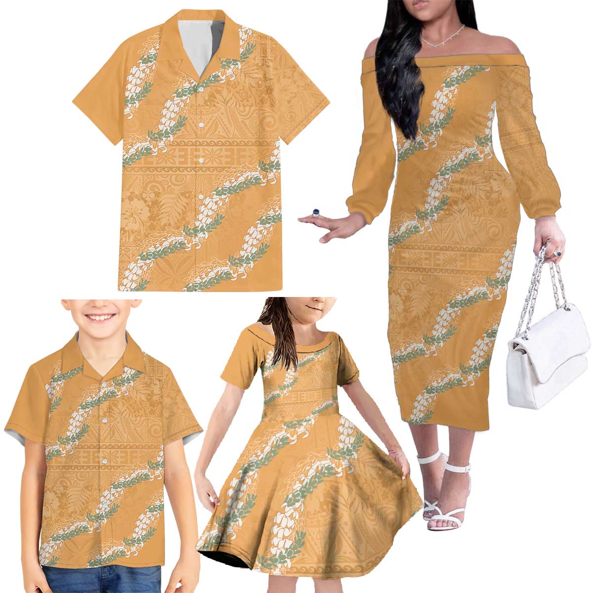 Aloha Pakalana and Puakenikeni Lei Family Matching Off The Shoulder Long Sleeve Dress and Hawaiian Shirt Gold Hawaiian Pattern LT9 - Polynesian Pride
