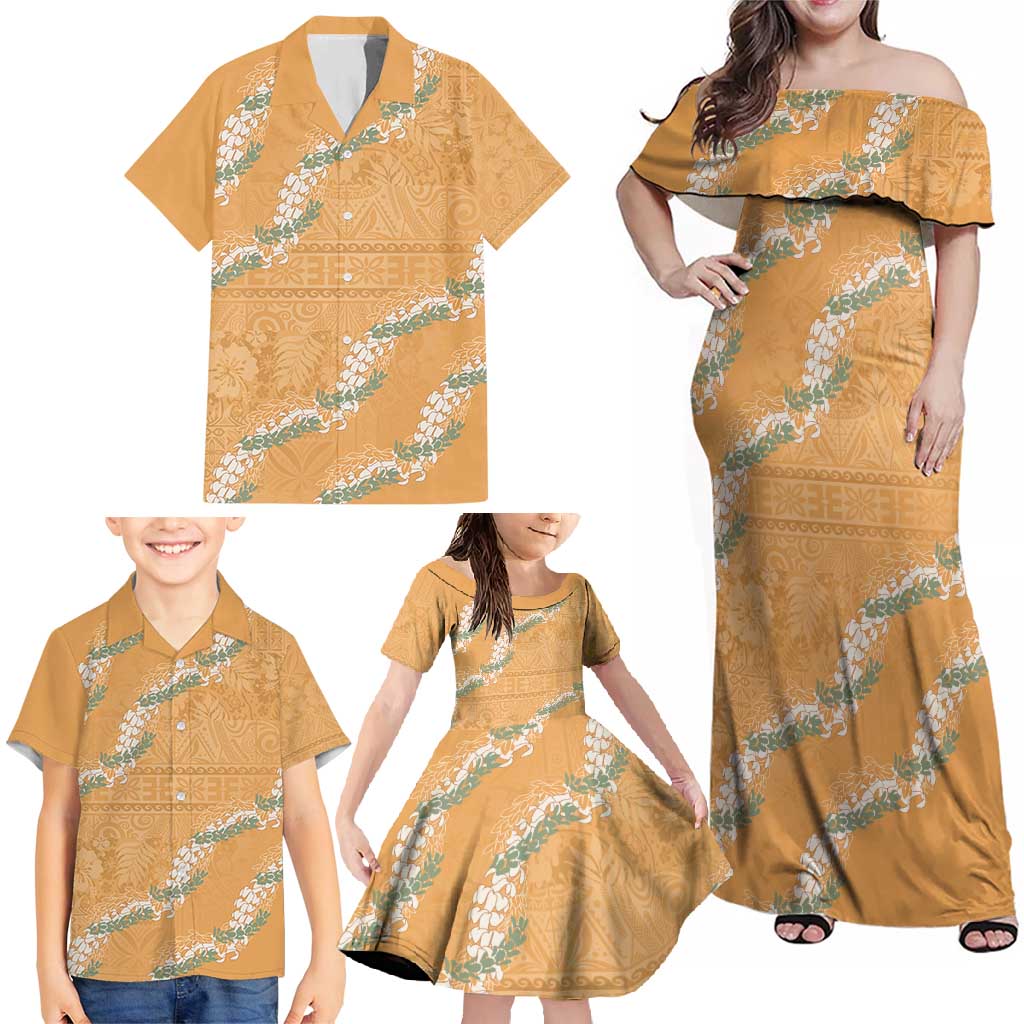 Aloha Pakalana and Puakenikeni Lei Family Matching Off Shoulder Maxi Dress and Hawaiian Shirt Gold Hawaiian Pattern