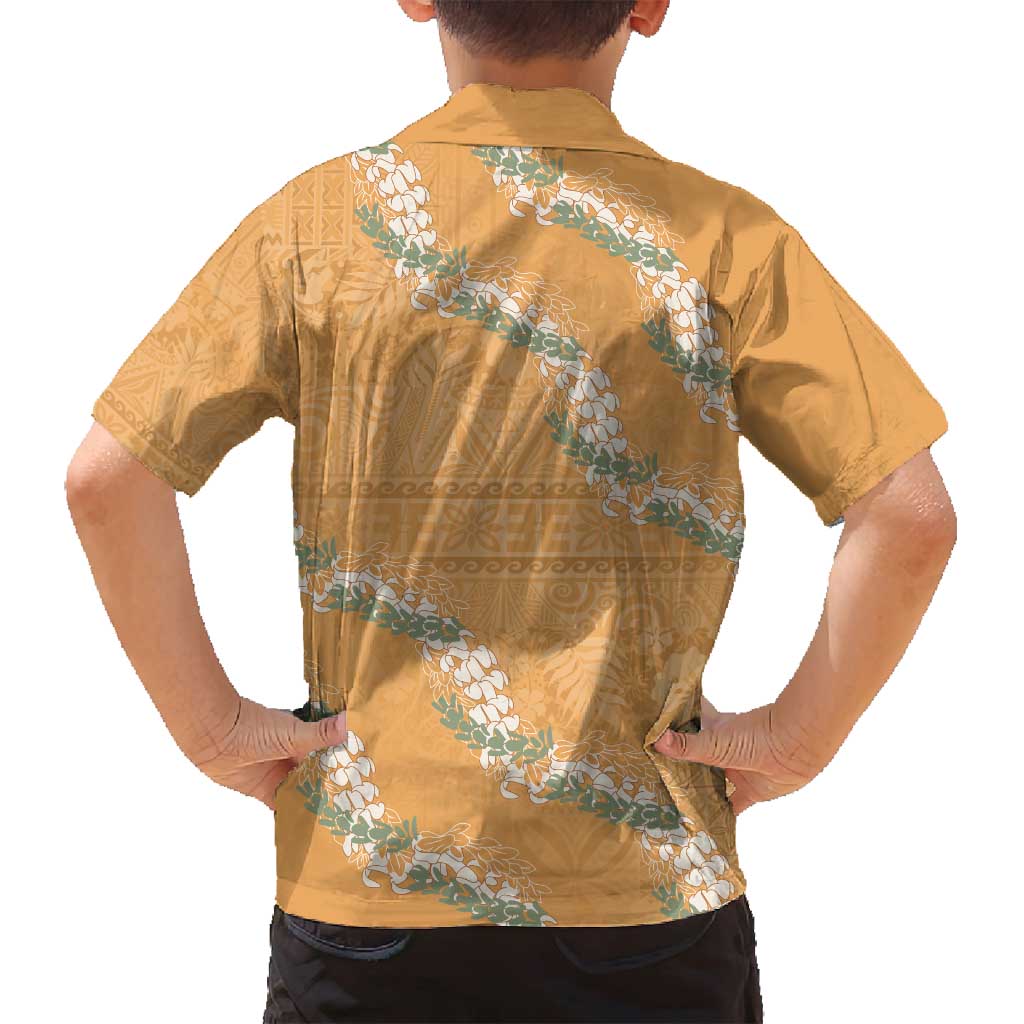 Aloha Pakalana and Puakenikeni Lei Family Matching Off Shoulder Short Dress and Hawaiian Shirt Gold Hawaiian Pattern