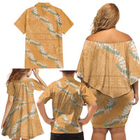 Aloha Pakalana and Puakenikeni Lei Family Matching Off Shoulder Short Dress and Hawaiian Shirt Gold Hawaiian Pattern