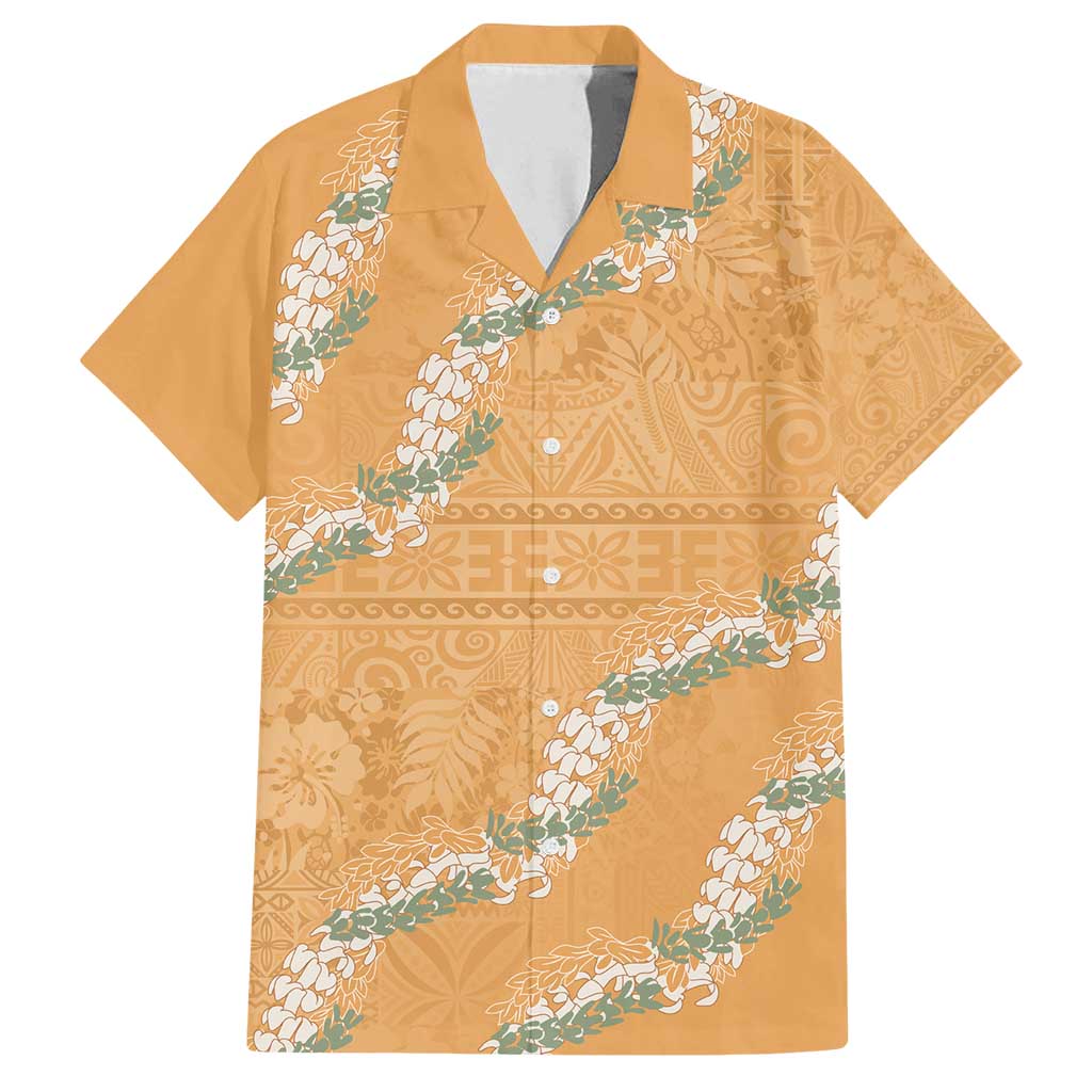 Aloha Pakalana and Puakenikeni Lei Family Matching Off Shoulder Short Dress and Hawaiian Shirt Gold Hawaiian Pattern