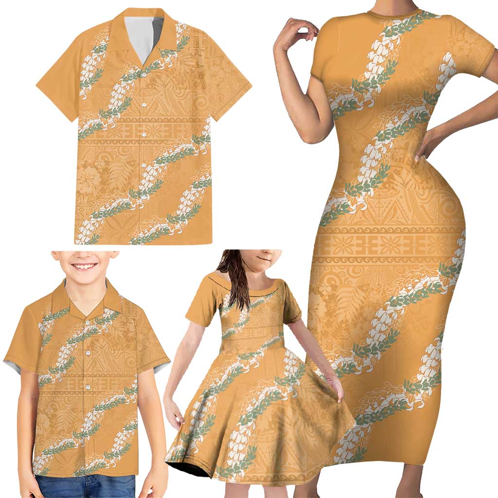 Aloha Pakalana and Puakenikeni Lei Family Matching Short Sleeve Bodycon Dress and Hawaiian Shirt Gold Hawaiian Pattern LT9 - Polynesian Pride