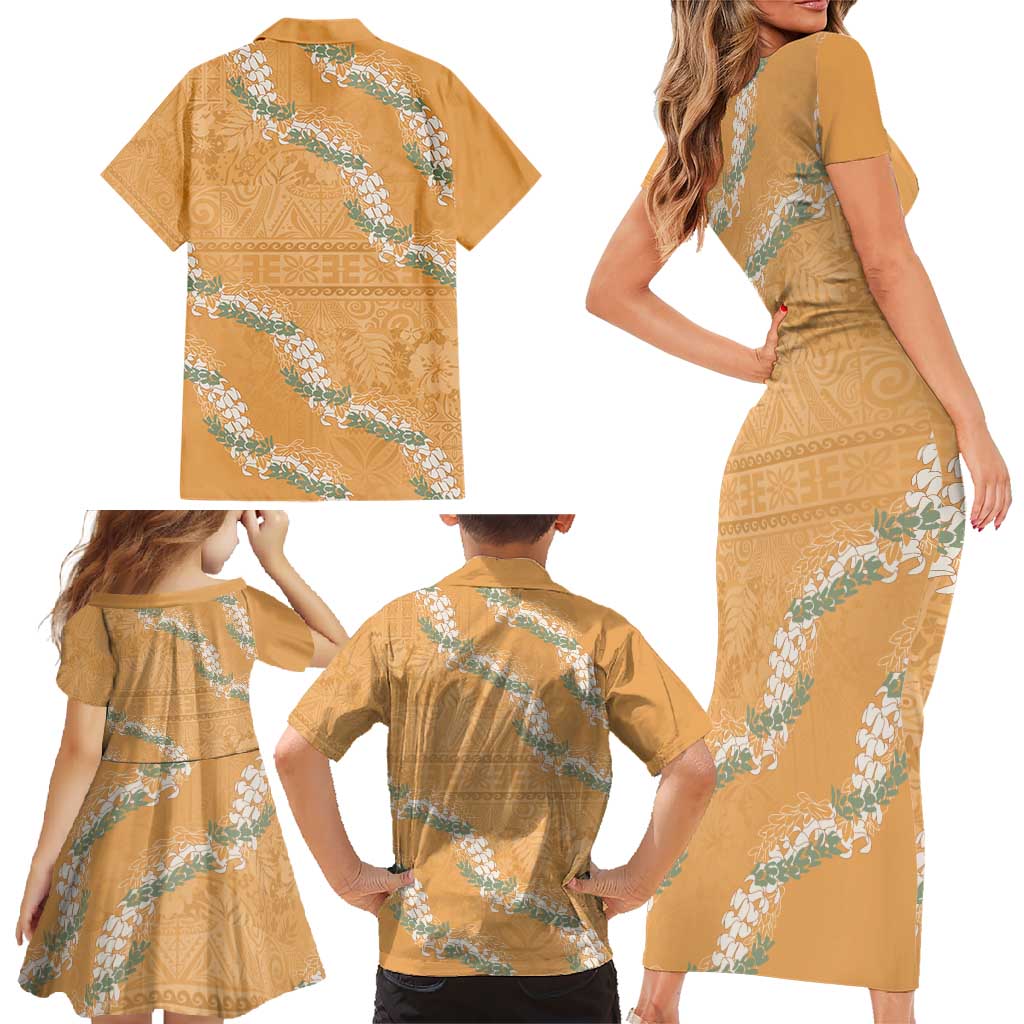 Aloha Pakalana and Puakenikeni Lei Family Matching Short Sleeve Bodycon Dress and Hawaiian Shirt Gold Hawaiian Pattern LT9 - Polynesian Pride