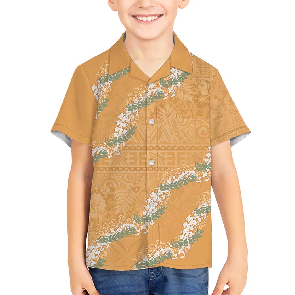 Aloha Pakalana and Puakenikeni Lei Family Matching Short Sleeve Bodycon Dress and Hawaiian Shirt Gold Hawaiian Pattern LT9 Son's Shirt Gold - Polynesian Pride